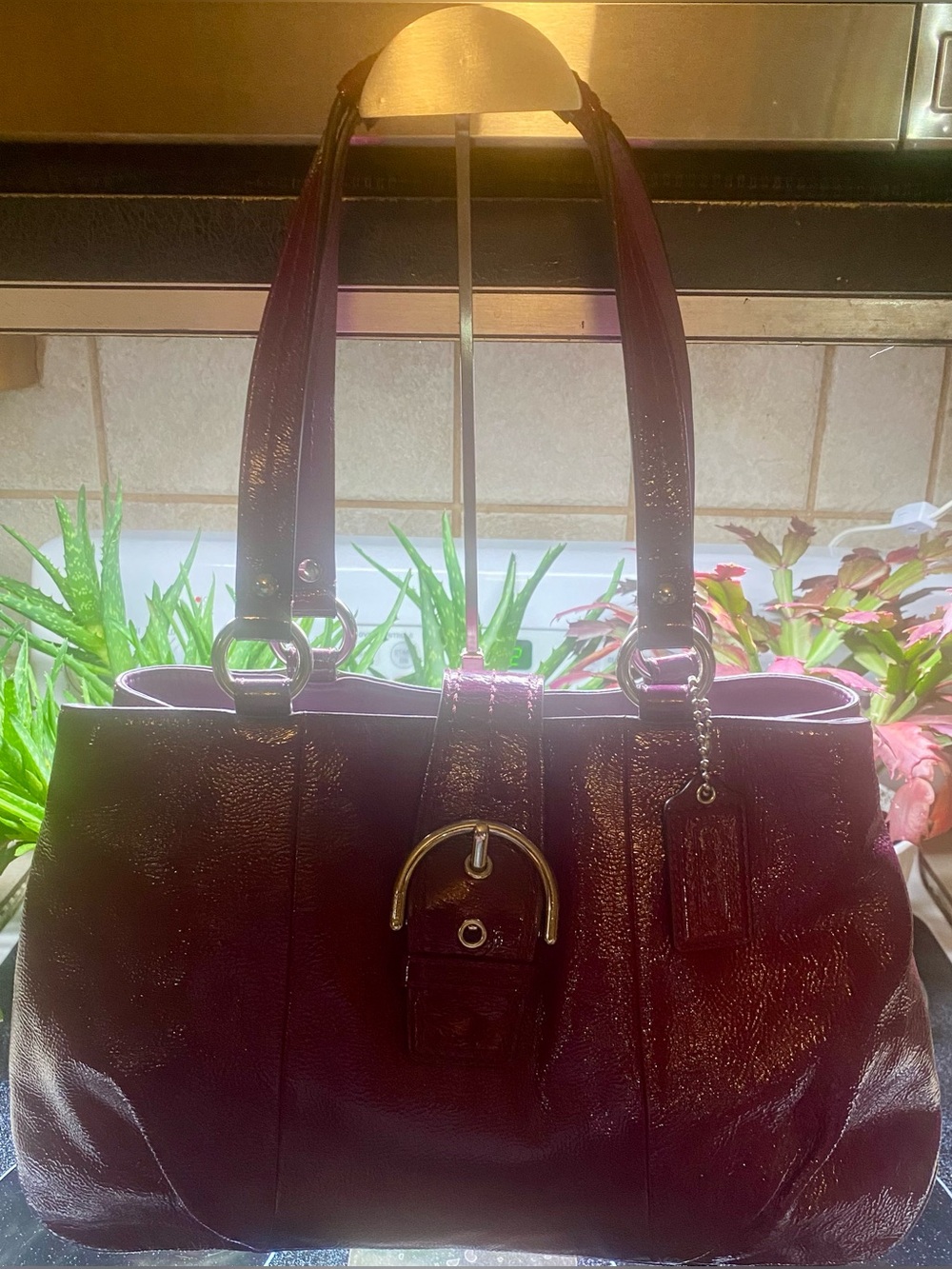 Coach Soho plum patent leather carryall tote silver hardware buckle closure